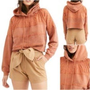 Free People NWT Piper Pullover Hoodie Tonal Contrast Panels Cropped Mango Sm New